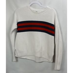 LS/Pullover Sweater/ Blue Red Ivory Pattern/Side Slits/Retro/Chunky/Ribbed/SzeS
